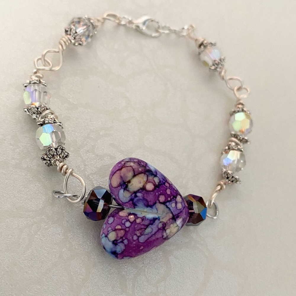 Handmade Purple Heart Bracelet with Crystal Accents